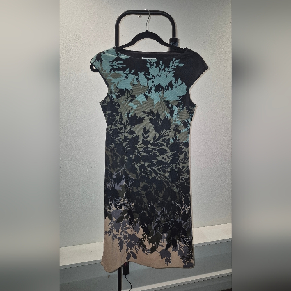 London Times Black and Blue Leaf Midi Dress